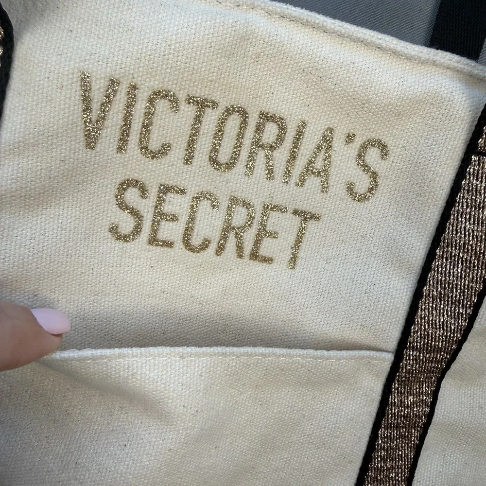 Victoria's Secret Canvas GOLD GLITTER‎ Tote Bag Zip Closure EUC
